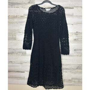 Maggy London women Large black crochet knitted midi dress boho sweater fall